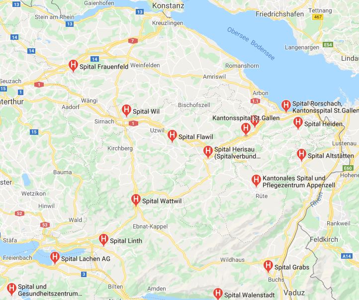 St.Gallen Krankenhäuser-Landkarte